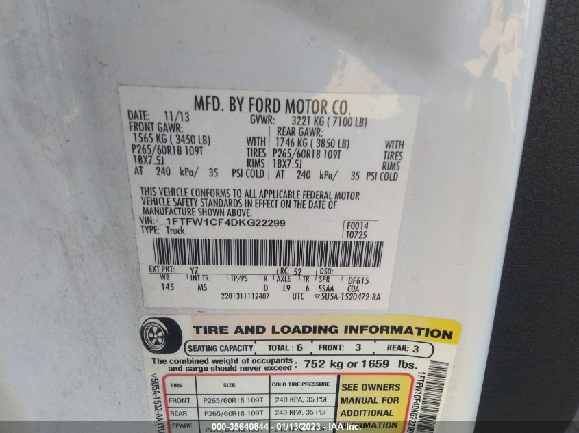 2013 FORD F-150 XL/XLT/FX2/LARIAT 1FTFW1CF4DKG22299