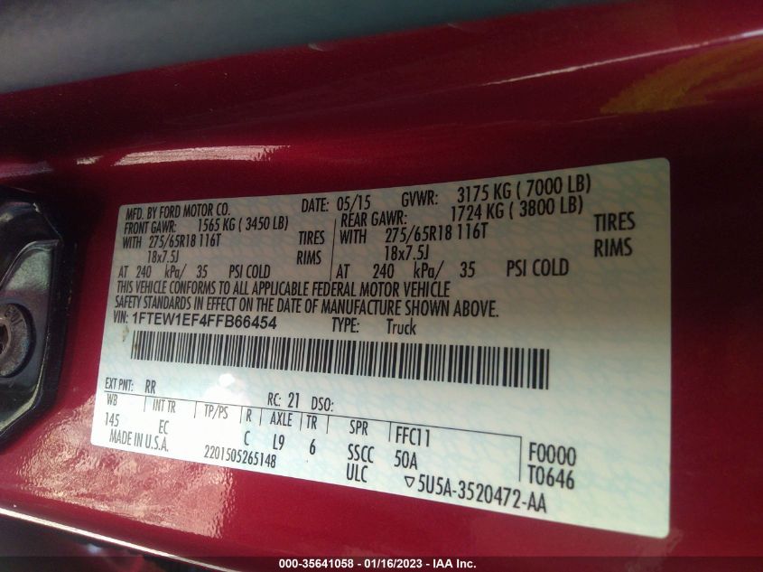 2015 FORD F-150 XLT/XL/LARIAT/PLATINUM 1FTEW1EF4FFB66454