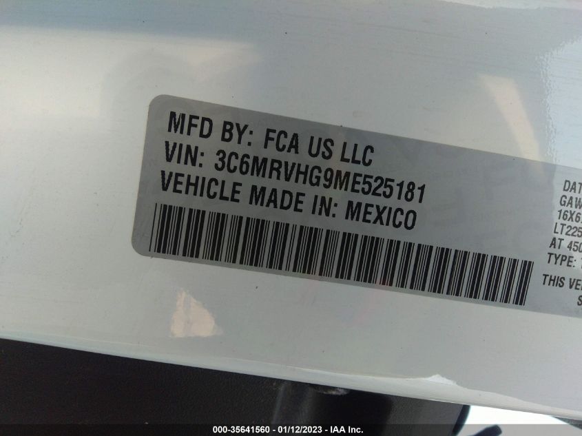 2021 RAM PROMASTER CARGO VAN 3C6MRVHG9ME525181