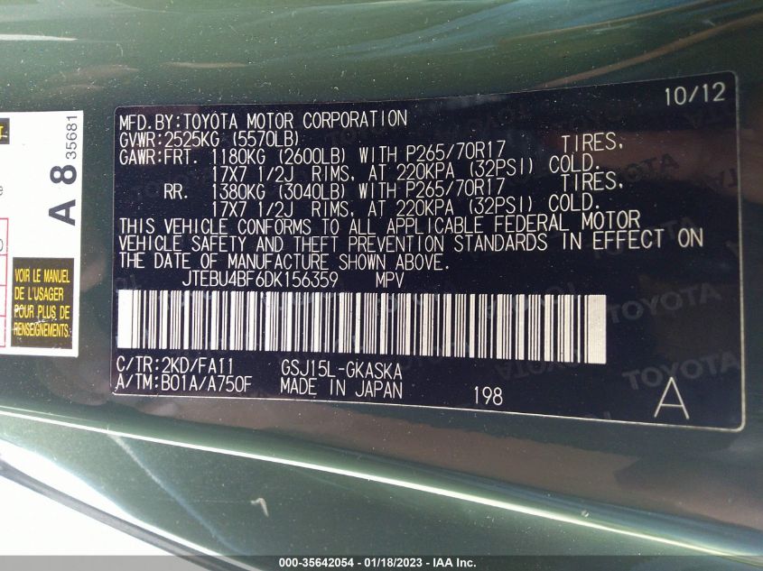 2013 TOYOTA FJ CRUISER JTEBU4BF6DK156359