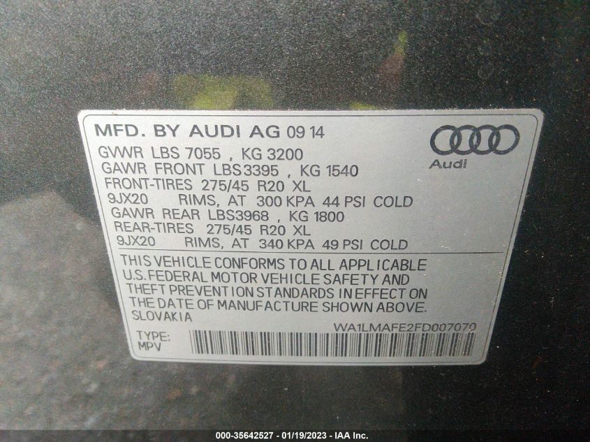 2015 AUDI Q7 3.0L TDI PREMIUM PLUS WA1LMAFE2FD007070
