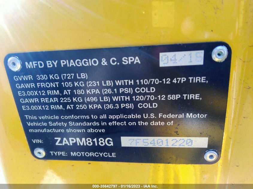 2015 VESPA SPRINT 150 3V ZAPM818G7F5401220