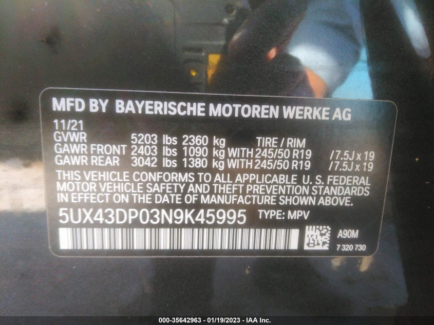 VIN: 5UX43DP03N9K45995 2022 BMW X3 SDRIVE30I