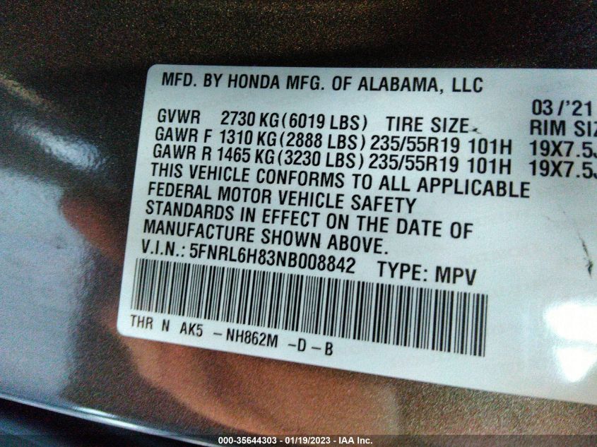 5FNRL6H83NB008842 Honda Odyssey TOURING 9