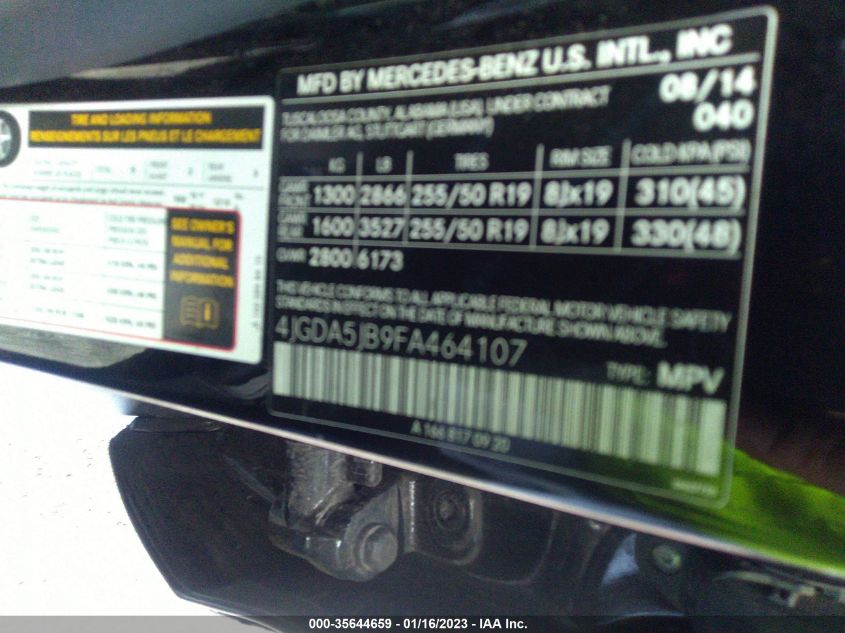 2015 MERCEDES-BENZ M-CLASS ML 350 4JGDA5JB9FA464107