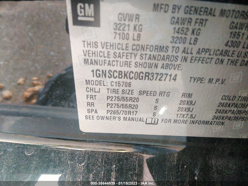 2016 CHEVROLET TAHOE LT 1GNSCBKC0GR372714