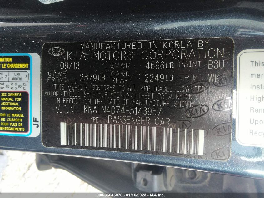 2014 KIA CADENZA LIMITED KNALN4D74E5143957