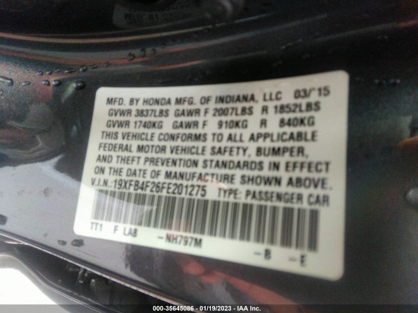 2015 HONDA CIVIC HYBRID - 19XFB4F26FE201275