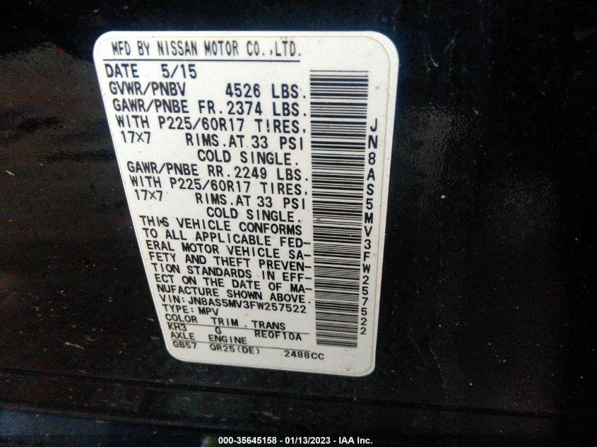 2015 NISSAN ROGUE SELECT S JN8AS5MV3FW257522