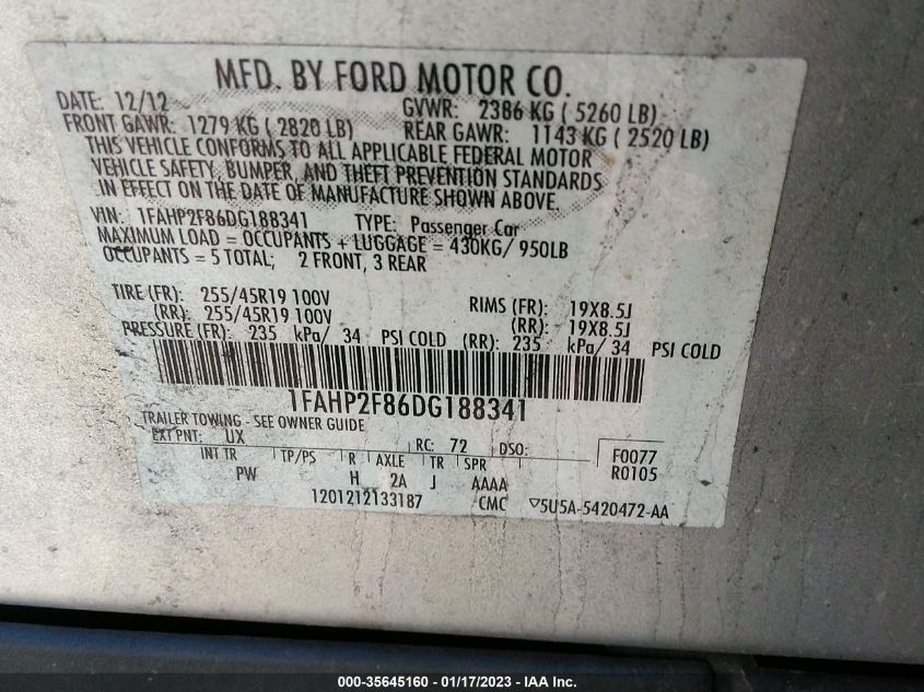 2013 FORD TAURUS LIMITED - 1FAHP2F86DG188341