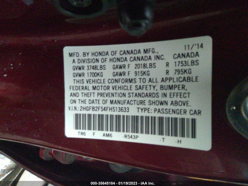 2015 HONDA CIVIC SEDAN LX 2HGFB2F54FH513633