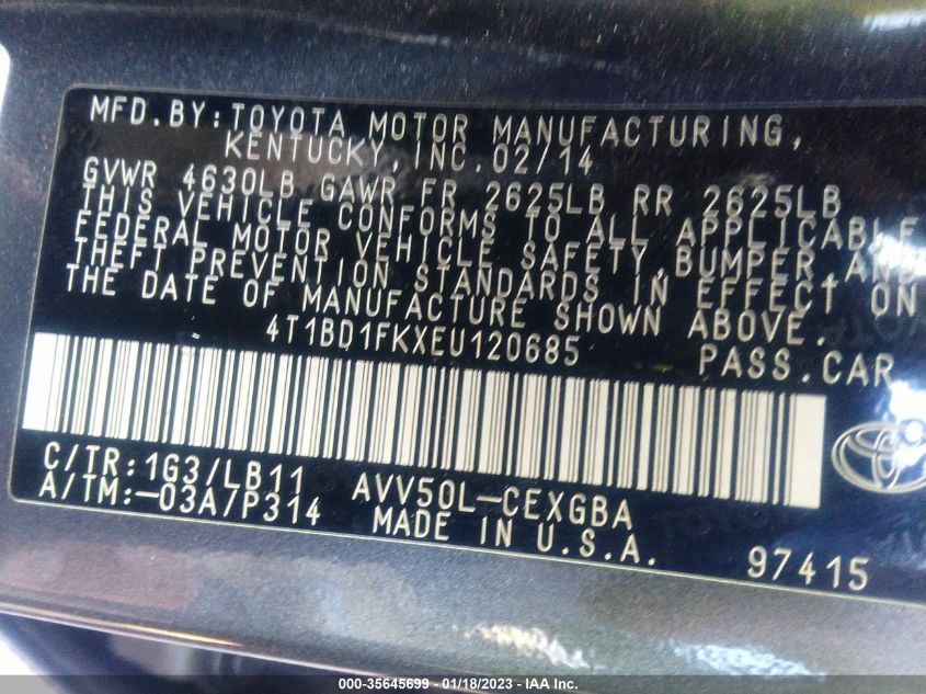 2014 TOYOTA CAMRY HYBRID LE/XLE/SE LIMITED EDITION 4T1BD1FKXEU120685