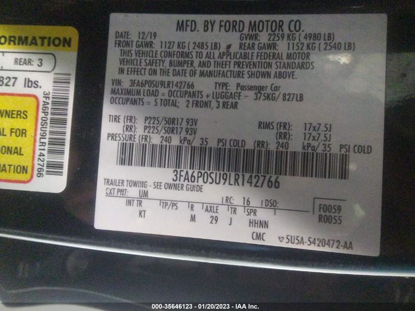 2020 FORD FUSION ENERGI TITANIUM - 3FA6P0SU9LR142766