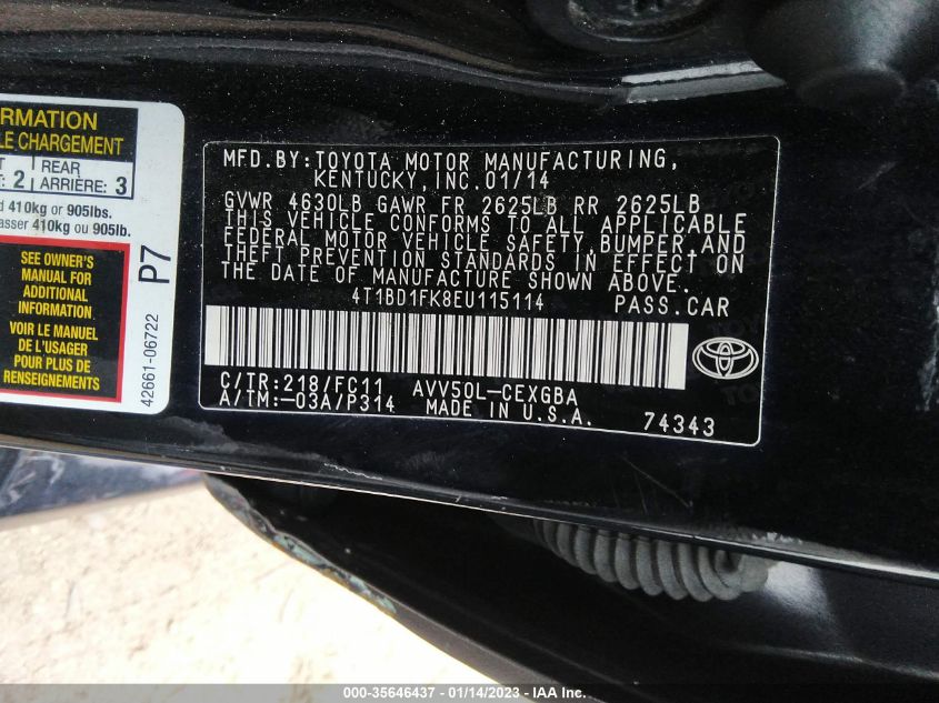 2014 TOYOTA CAMRY HYBRID LE/XLE/SE LIMITED EDITION 4T1BD1FK8EU115114