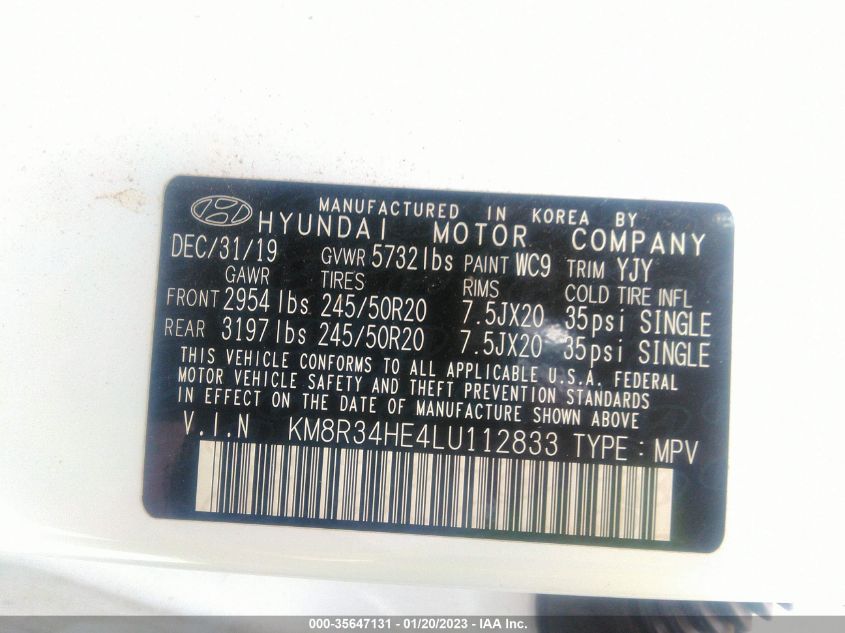 VIN KM8R34HE4LU112833 2020 HYUNDAI PALISADE no.9