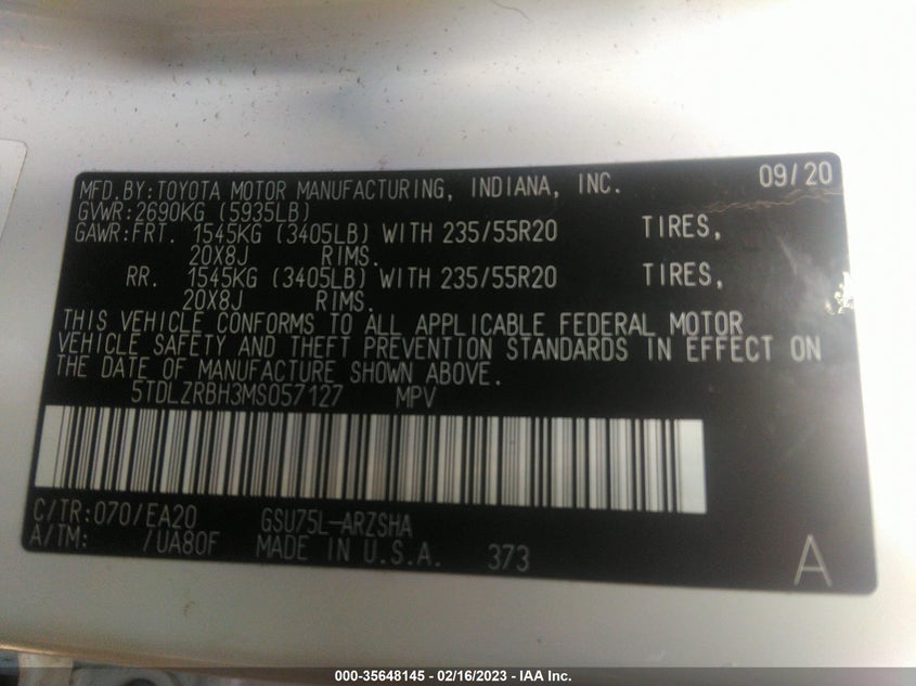 VIN 5TDLZRBH3MS057127 2021 TOYOTA HIGHLANDER XSE