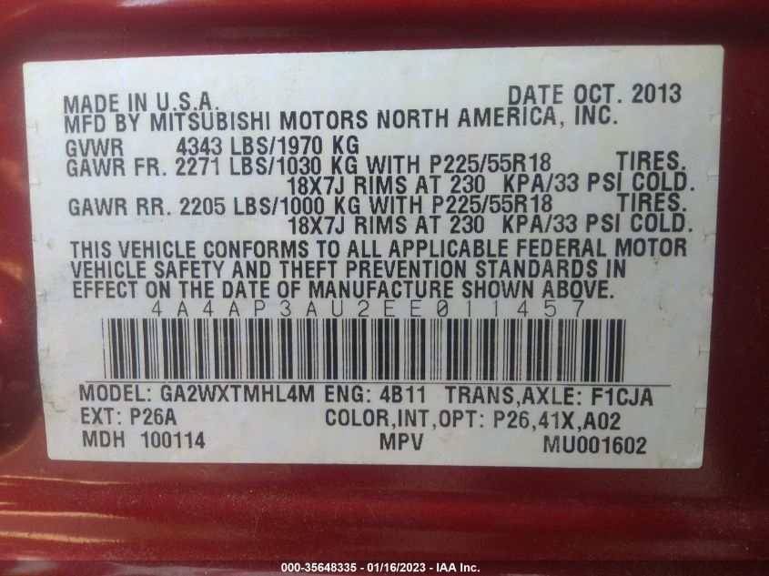 2014 MITSUBISHI OUTLANDER SPORT ES 4A4AP3AU2EE011457