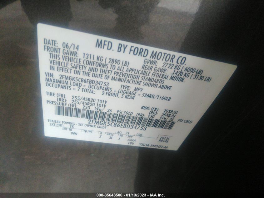 2014 FORD FLEX SEL 2FMGK5C86EBD34753