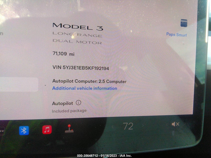 VIN 5YJ3E1EB5KF192194 2019 TESLA MODEL 3 LONG RANGE/PERFORMANCE