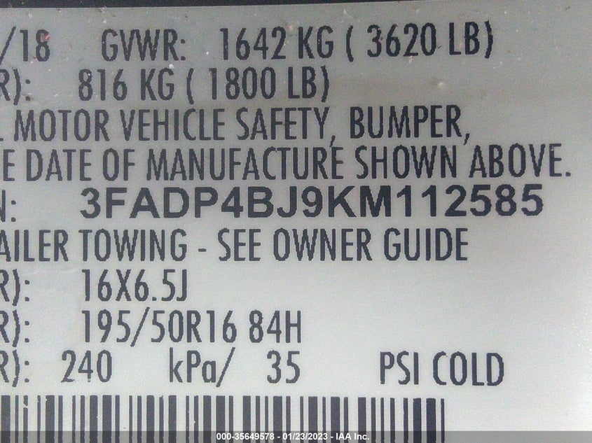 VIN 3FADP4BJ9KM112585 2019 FORD FIESTA SE