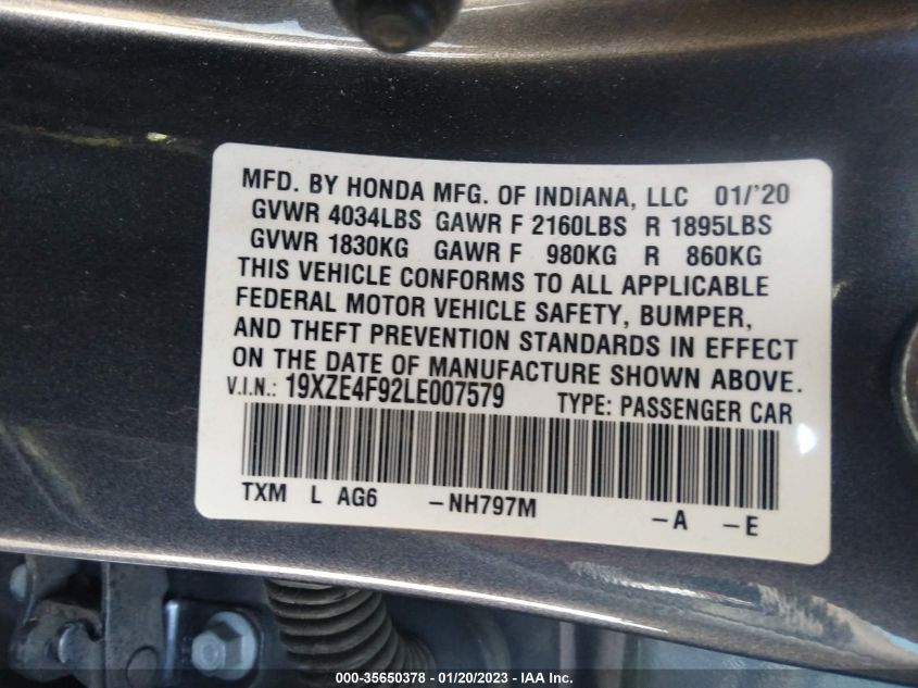 2020 HONDA INSIGHT TOURING 19XZE4F92LE007579