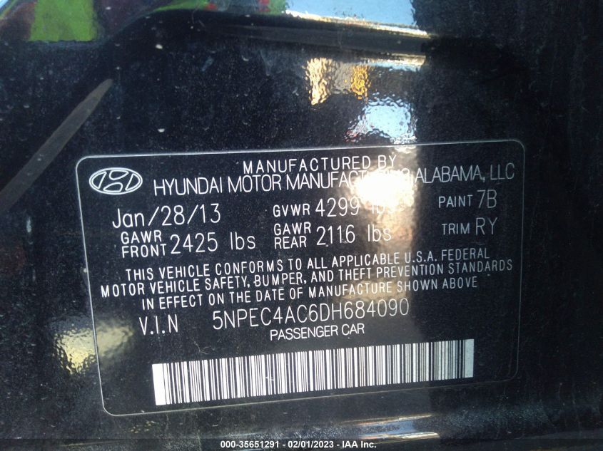 VIN 5NPEC4AC6DH684090 2013 HYUNDAI SONATA no.9