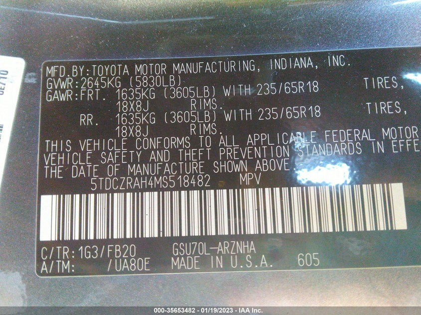 VIN 5TDCZRAH4MS518482 2021 TOYOTA HIGHLANDER L