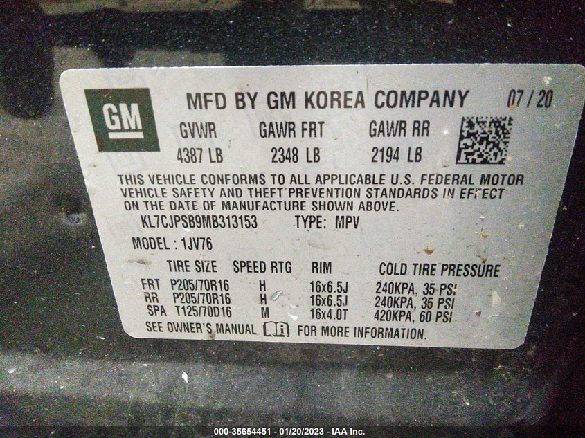 VIN KL7CJPSB9MB313153 2021 CHEVROLET TRAX LT