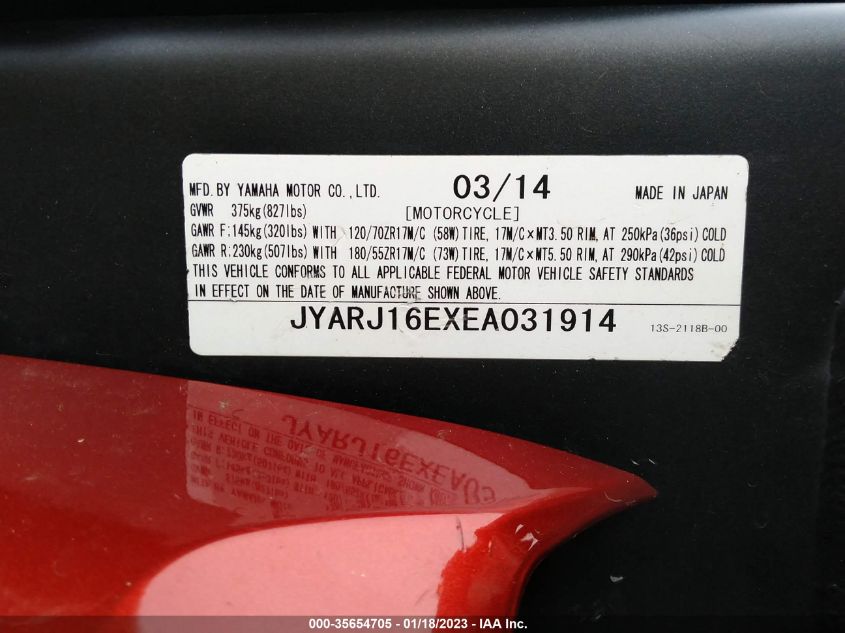2014 YAMAHA YZFR6 JYARJ16EXEA031914