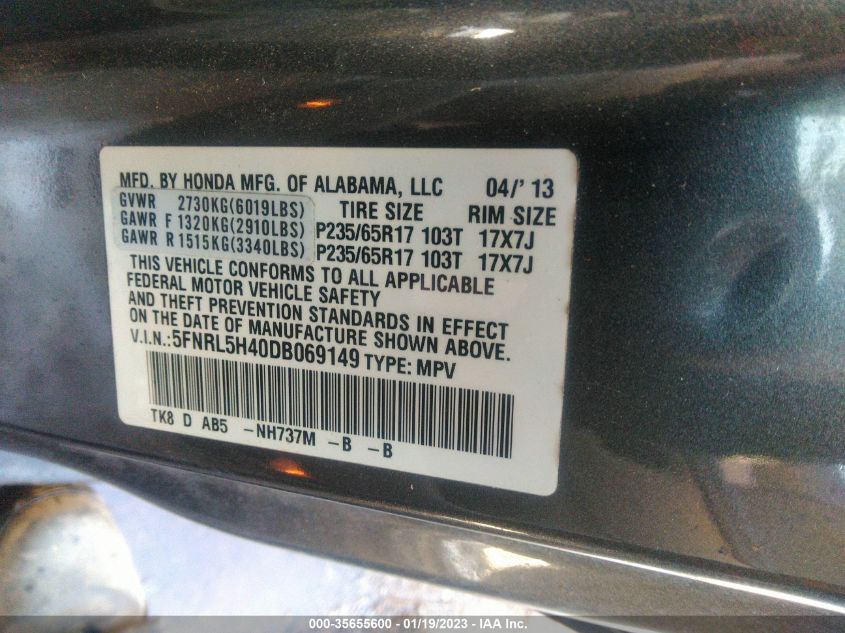 VIN 5FNRL5H40DB069149 2013 HONDA ODYSSEY no.9