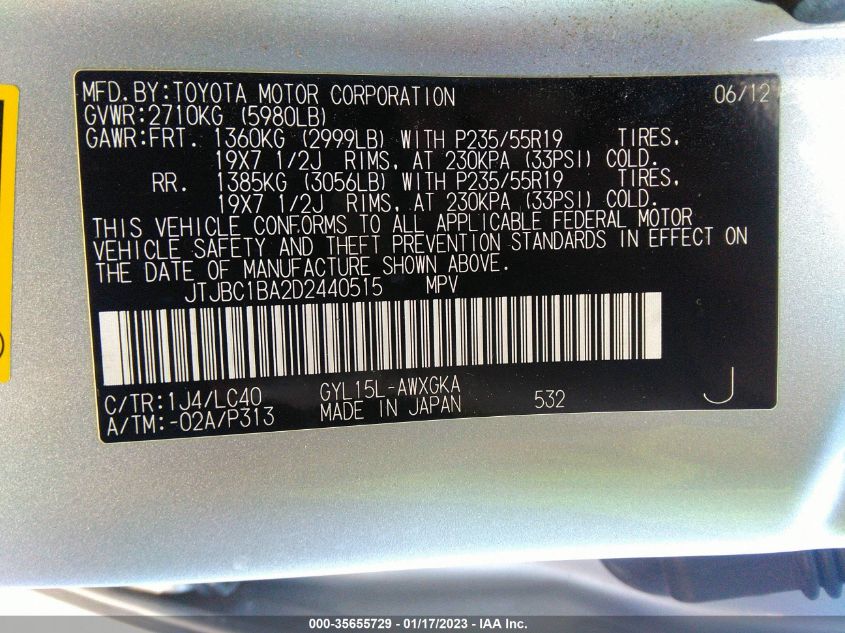 2013 LEXUS RX 450H JTJBC1BA2D2440515