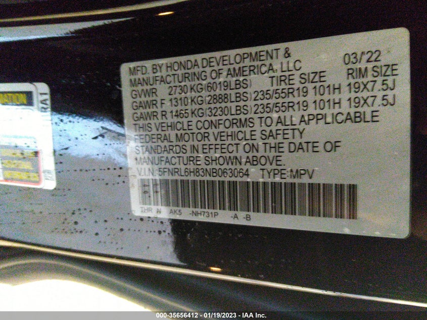 VIN 5FNRL6H83NB063064 2022 HONDA ODYSSEY TOURING