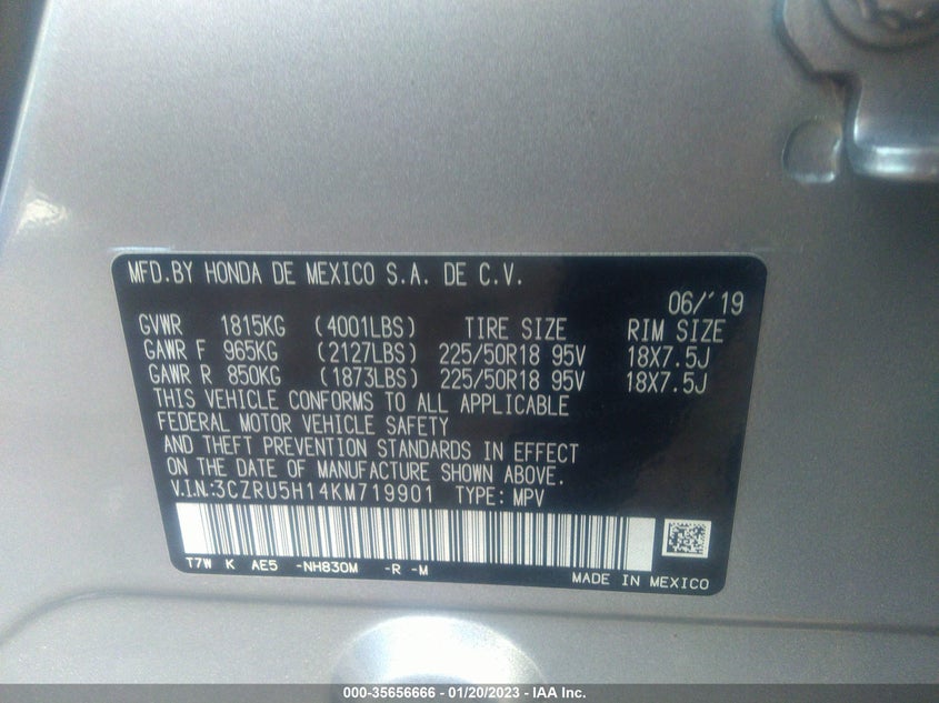 VIN 3CZRU5H14KM719901 2019 HONDA HR-V SPORT