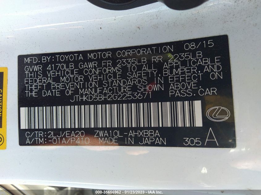2016 LEXUS CT 200H HYBRID - JTHKD5BH2G2253671