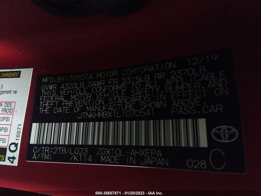 VIN JTNKHMBX1L1070541 2020 TOYOTA C-HR LE/XLE/LIMITED