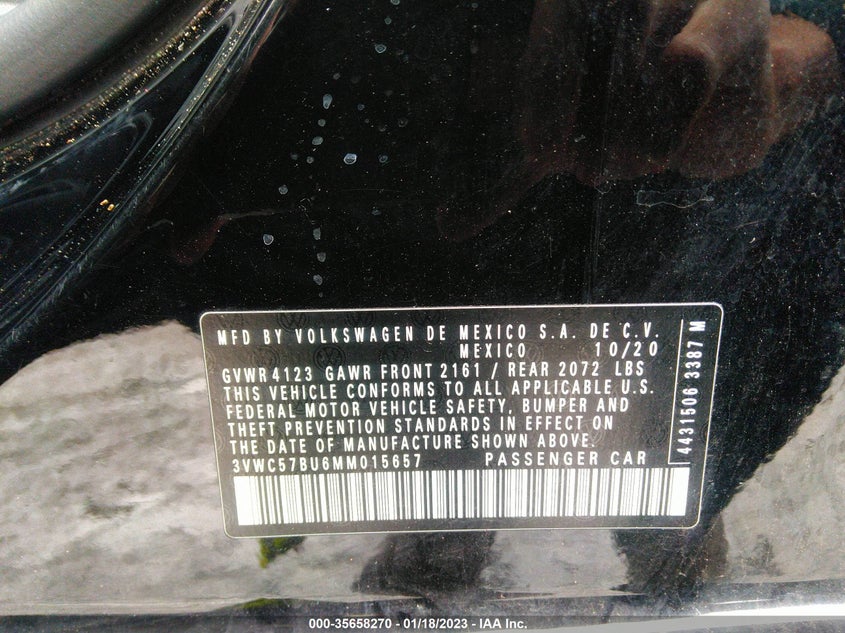 VIN 3VWC57BU6MM015657 2021 VOLKSWAGEN JETTA S/SE/R-LINE