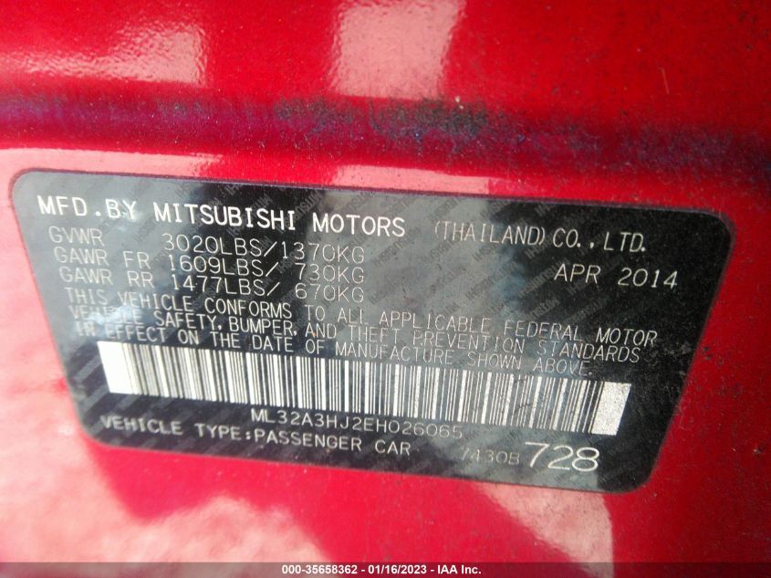2014 MITSUBISHI MIRAGE DE ML32A3HJ2EH026065