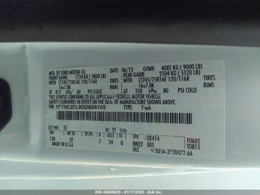 2013 FORD ECONOLINE CARGO VAN COMMERCIAL/RECREATIONAL 1FTNE2EL9DDB08105