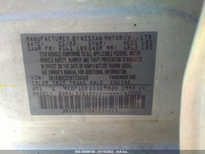 2022 NISSAN SENTRA SV - 3N1AB8CV2NY234449