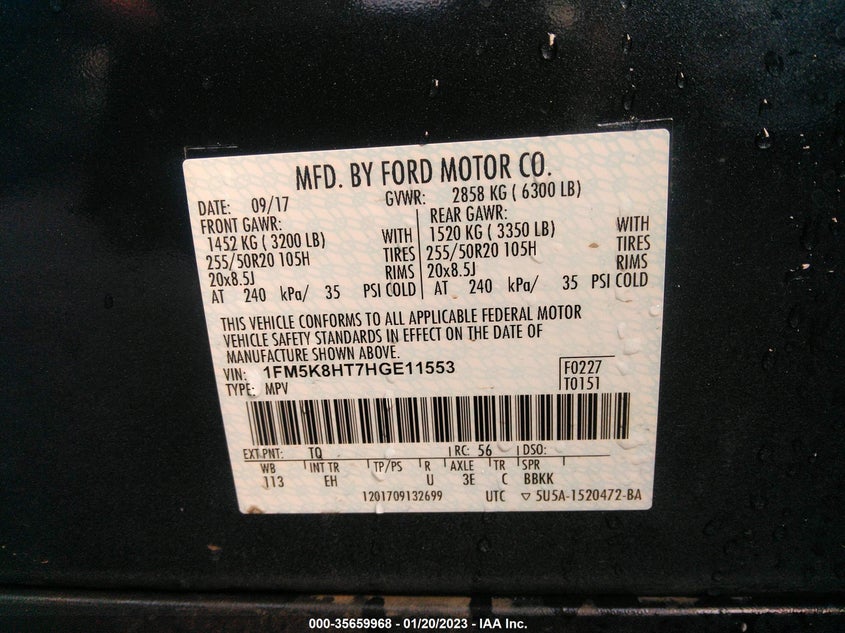 VIN 1FM5K8HT7HGE11553 2017 FORD EXPLORER PLATINUM