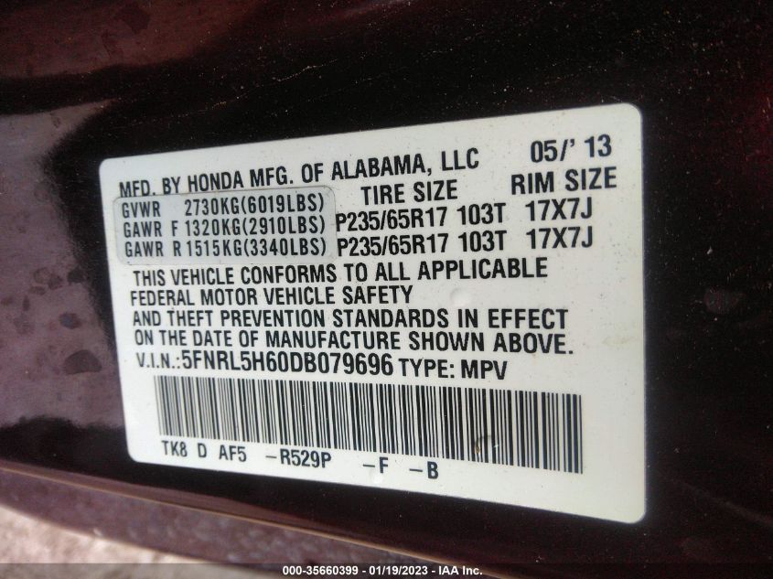 VIN 5FNRL5H60DB079696 2013 HONDA ODYSSEY no.9