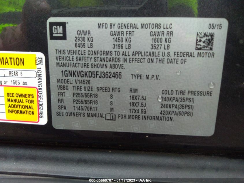 2015 CHEVROLET TRAVERSE LT - 1GNKVGKD5FJ362466
