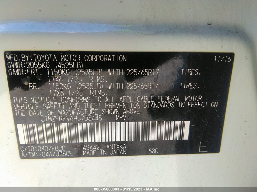 VIN JTMZFREV6HJ703445 2017 TOYOTA RAV4 LE