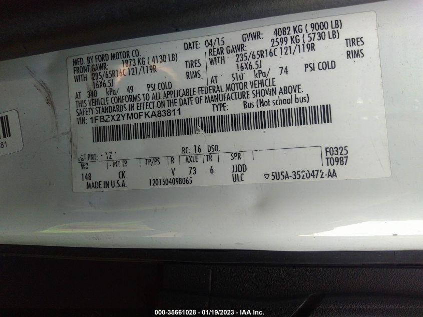 2015 FORD TRANSIT WAGON XL/XLT 1FBZX2YM0FKA83811