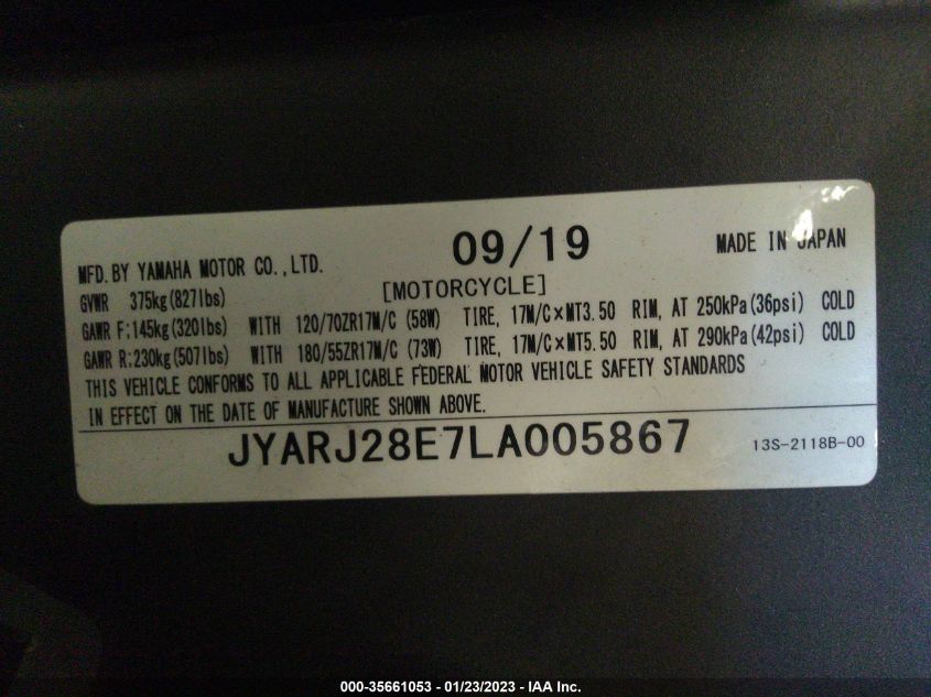 2020 YAMAHA YZFR6 JYARJ28E7LA005867