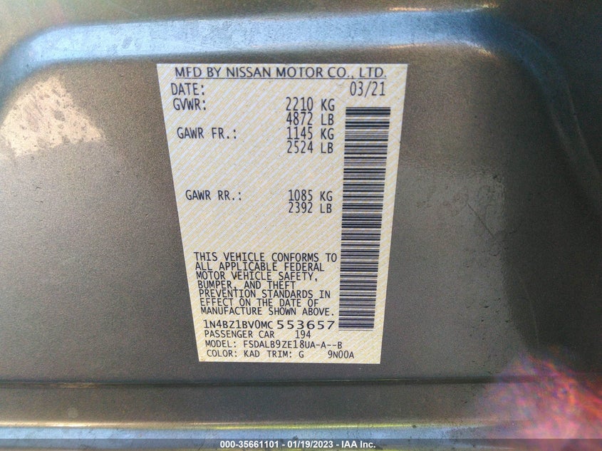 VIN 1N4BZ1BV0MC553657 2021 NISSAN LEAF S PLUS