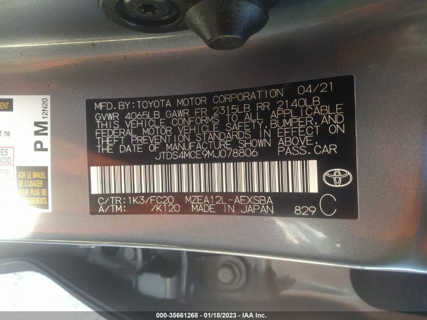 2021 TOYOTA COROLLA SE/NIGHTSHADE/APEX SE - JTDS4MCE9MJ078806