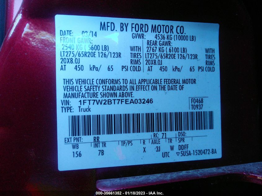 2015 FORD SUPER DUTY F-250 SRW LARIAT/PLATINUM 1FT7W2BT7FEA03246
