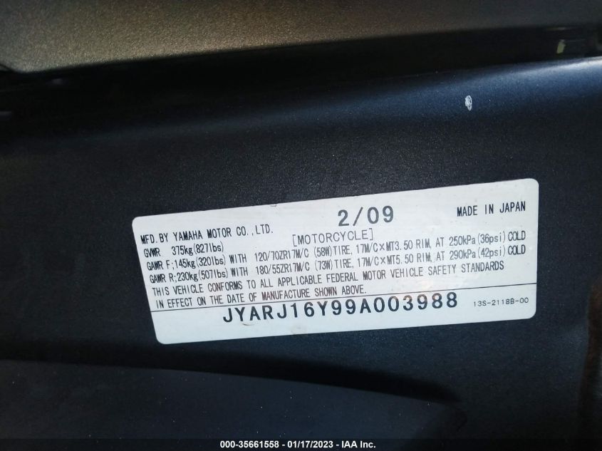 2009 YAMAHA YZFR6 C JYARJ16Y99A003988