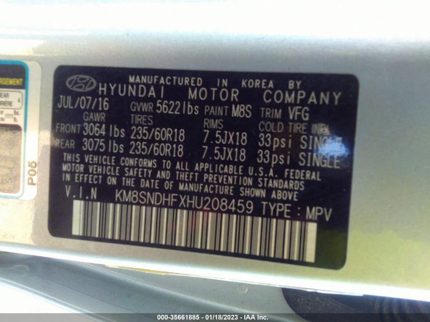 2017 HYUNDAI SANTA FE LIMITED - KM8SNDHFXHU208459